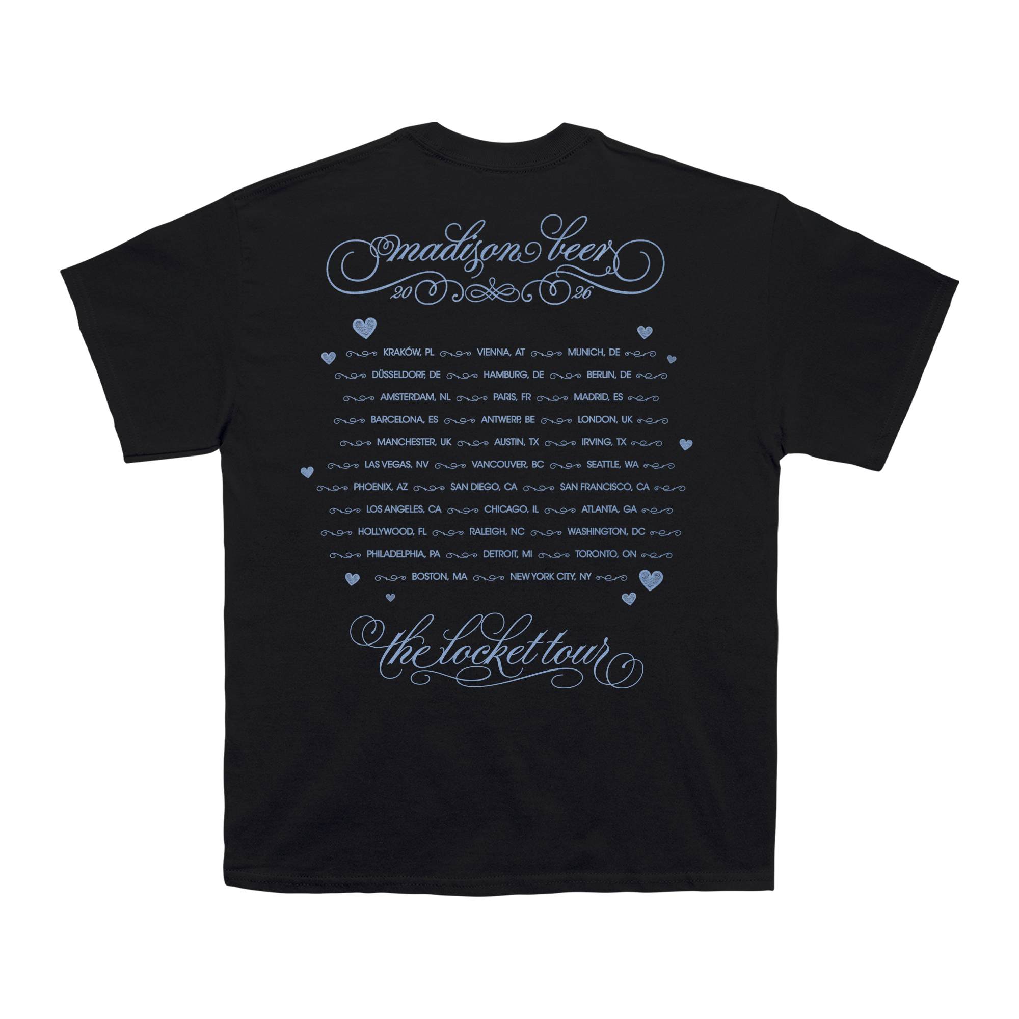 Black t-shirt with Madison Beer's The Locket Tour dates.