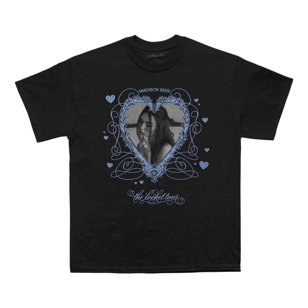 Black t-shirt with a graphic design of a heart and Madison Beer picture.
