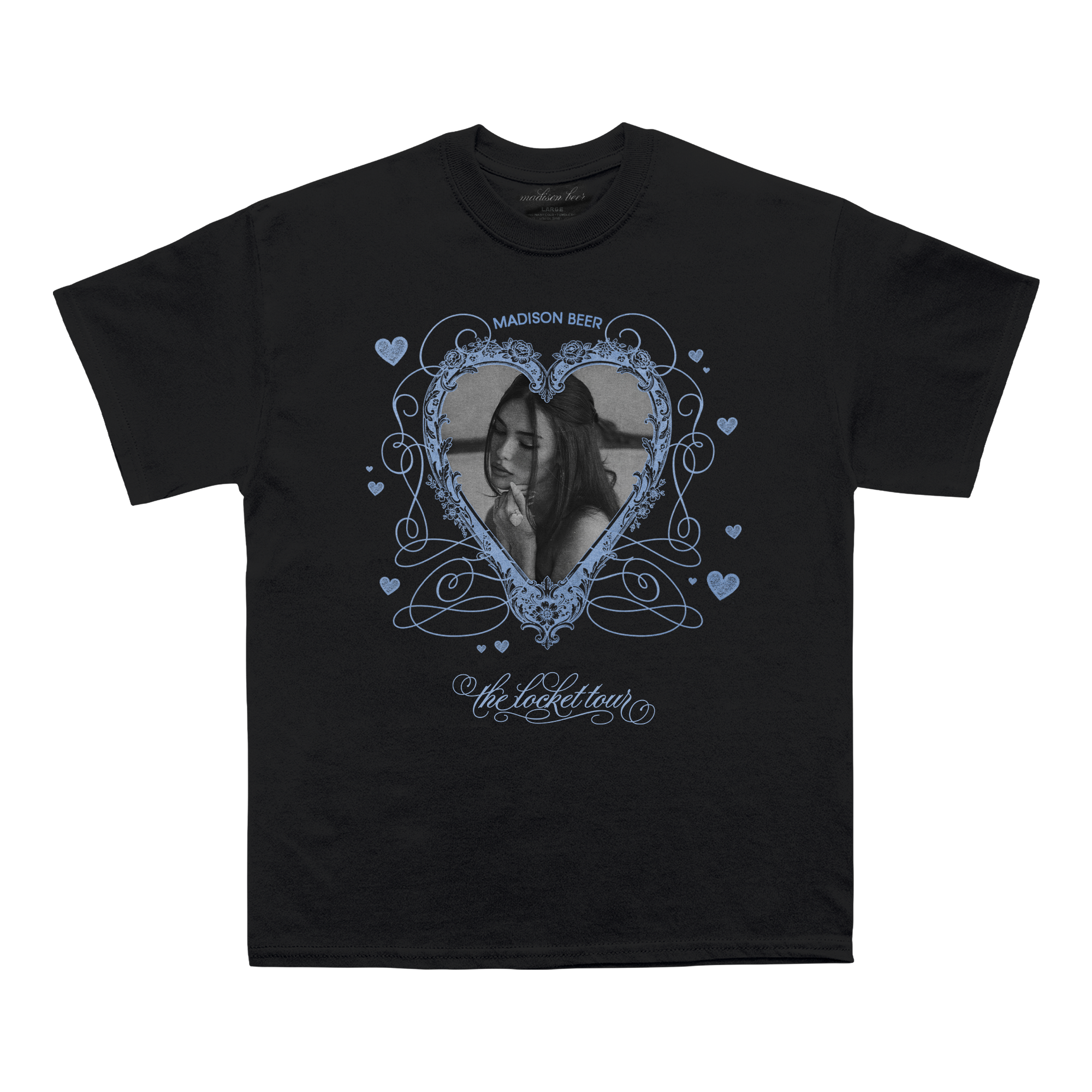 Black t-shirt with a graphic design of a heart and Madison Beer picture.