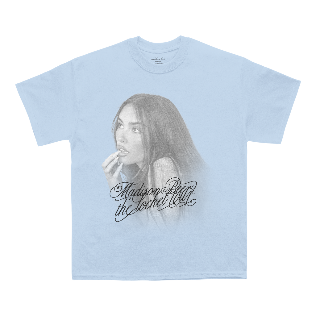 Light blue t-shirt with a graphic of Madison Beer
