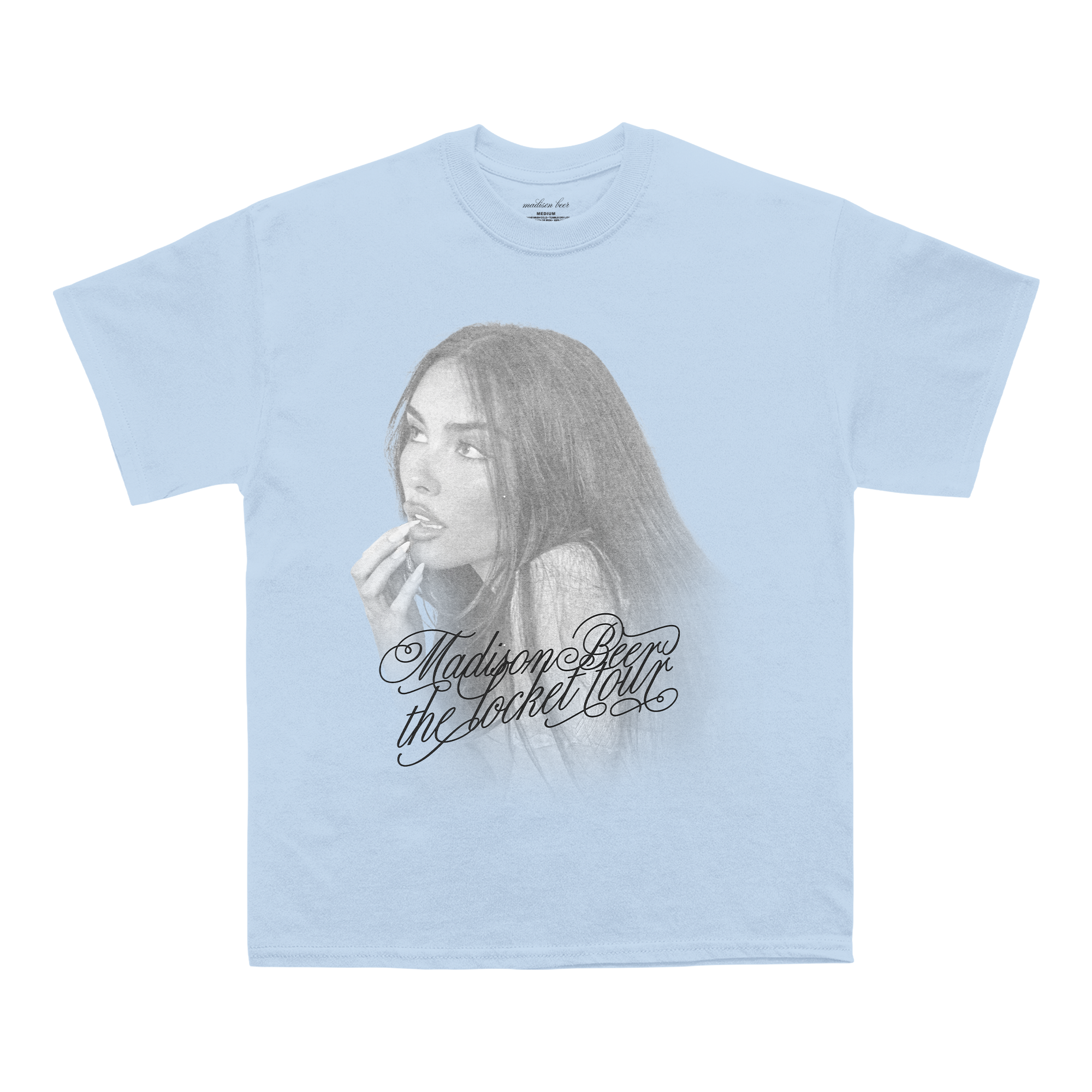 Light blue t-shirt with a graphic of Madison Beer