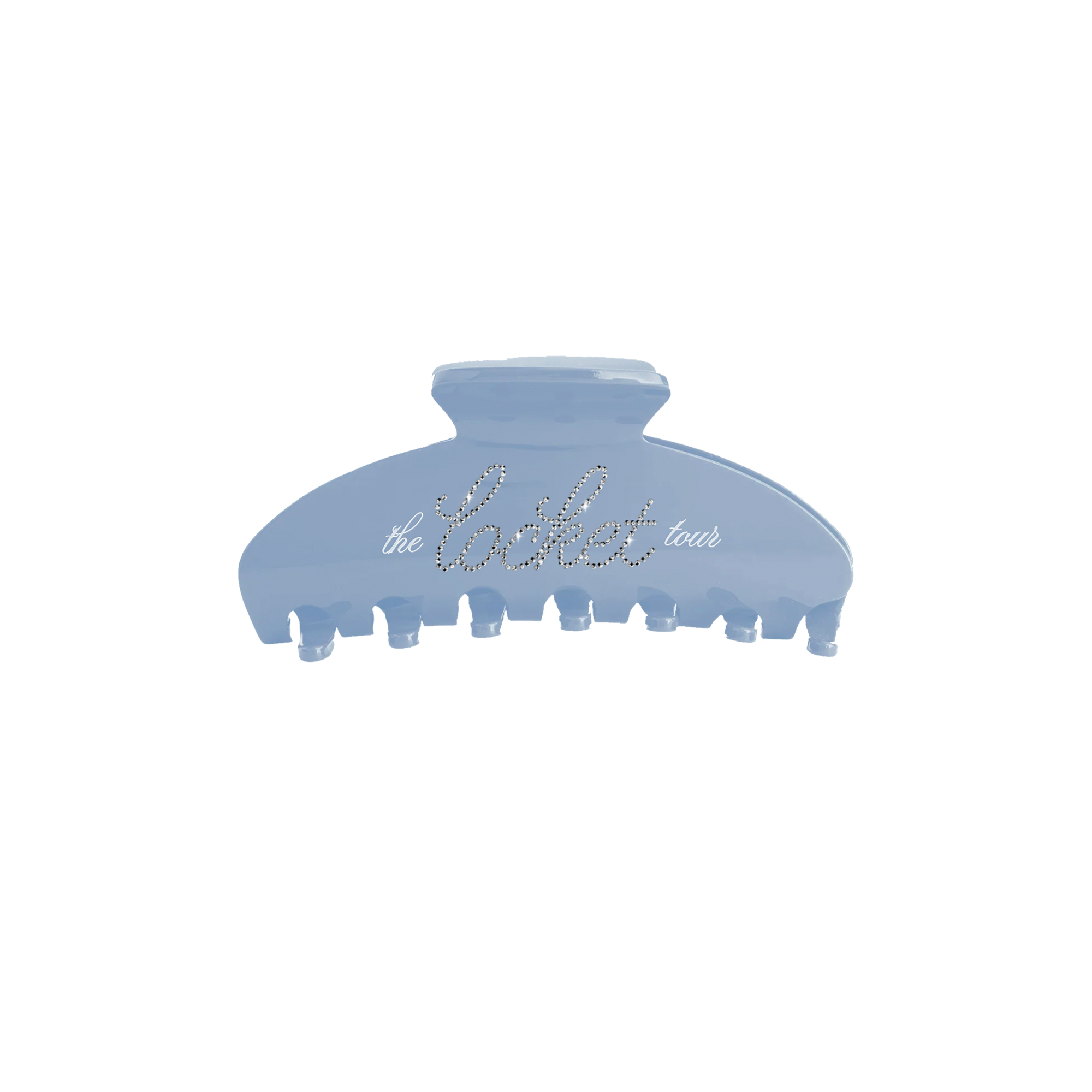 Blue hair clip with Madison Beer's 'the locket tour' branding.