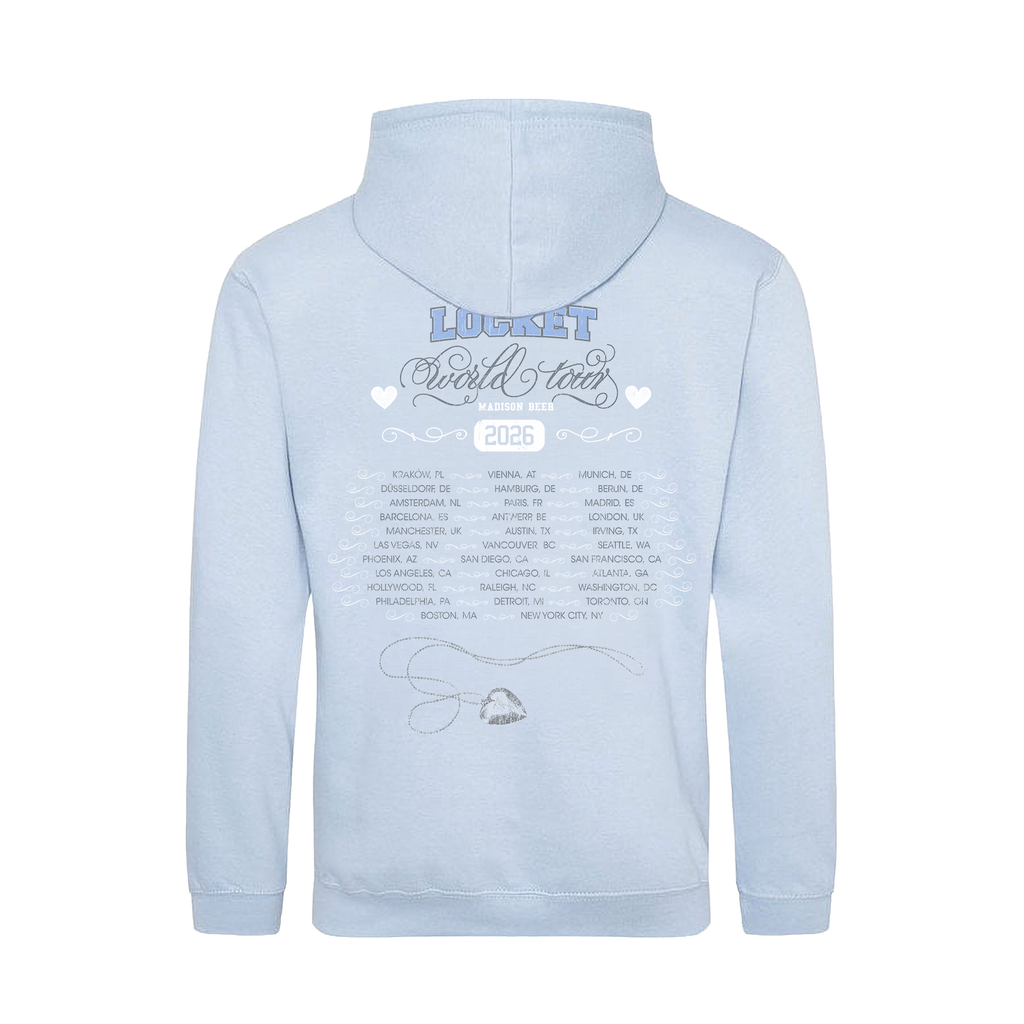 Light blue Madison Beer hoodie with text and graphics