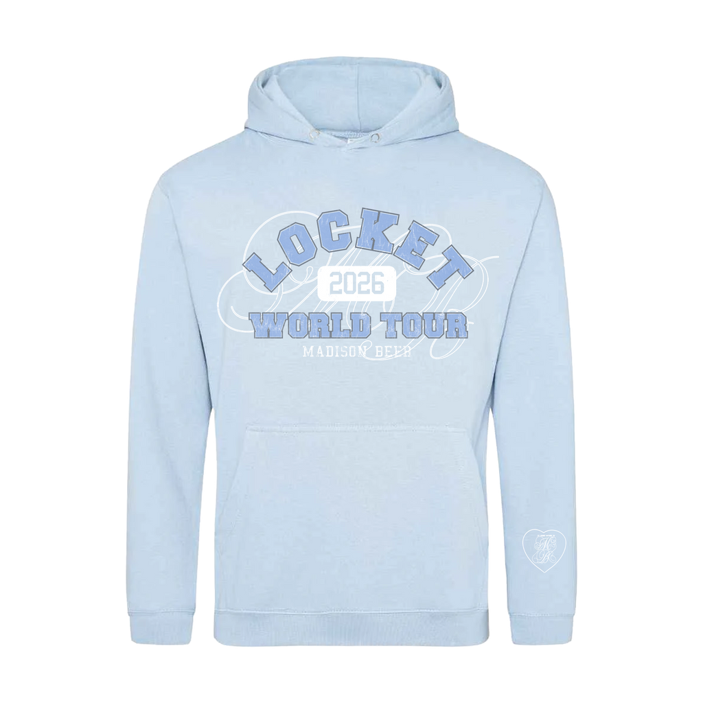 Light blue Madison Beer hoodie with 'Locket 2026 World Tour' text.
