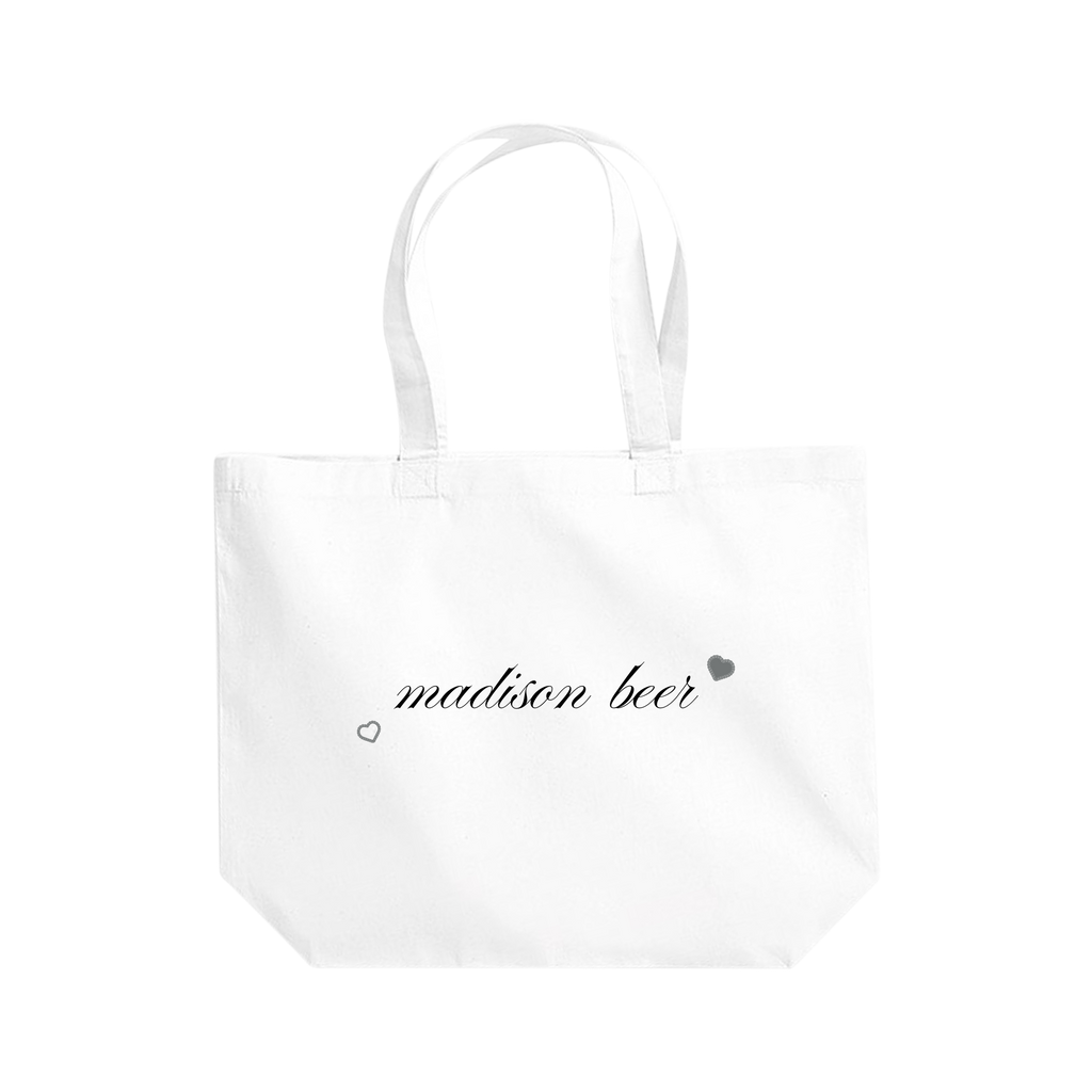 White tote bag with 'madison beer' text 