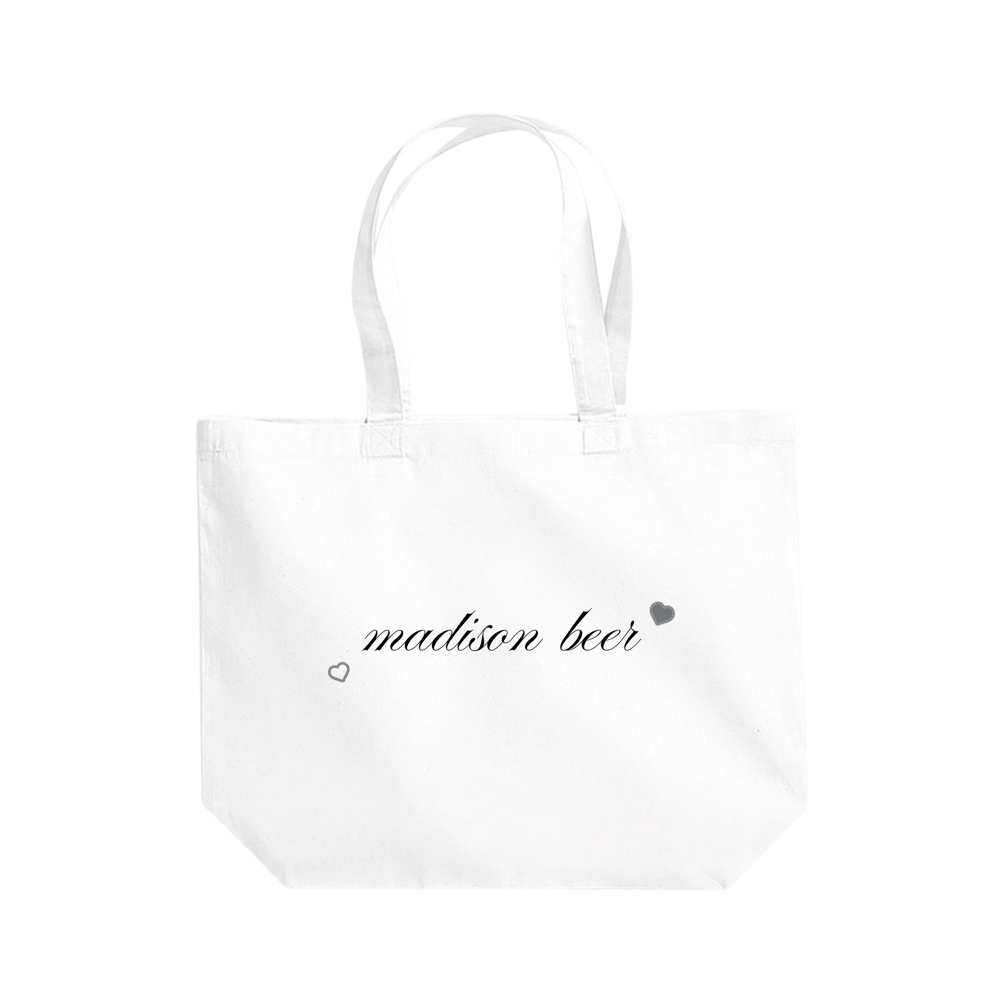White tote bag with 'madison beer' text 