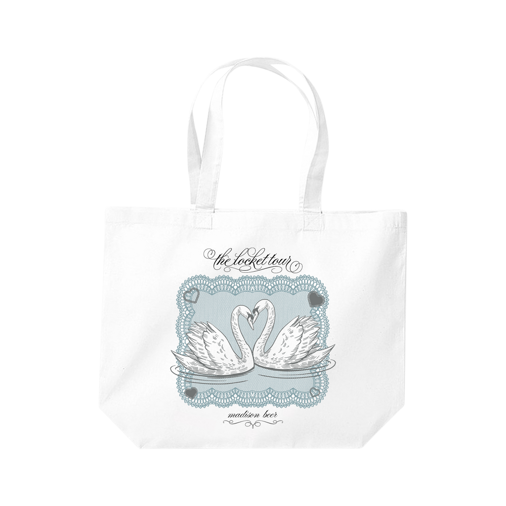 White Madison Beer tote bag with swan design.