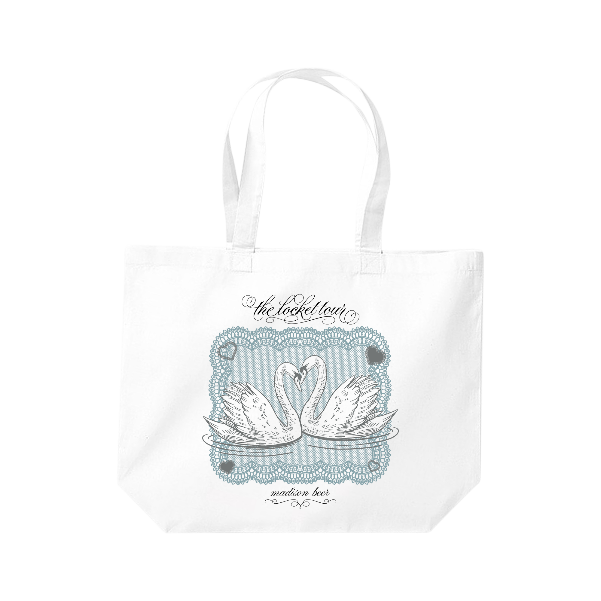 White Madison Beer tote bag with swan design.